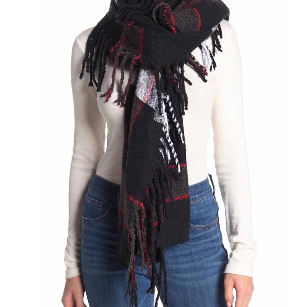 Free People Valley Plaid Print Fringe Scarf
